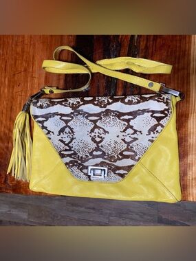 Tylie Malibu Yellow Leather Crossbody with Brown & White Snake-Print Flap
